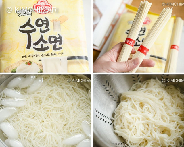 4 pics of dried somyeon noodles package then boiling in water and draining 