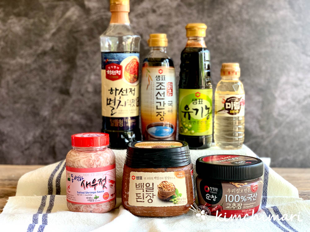 fish sauce, soy sauce, mirin, doenjang, gochujang jars