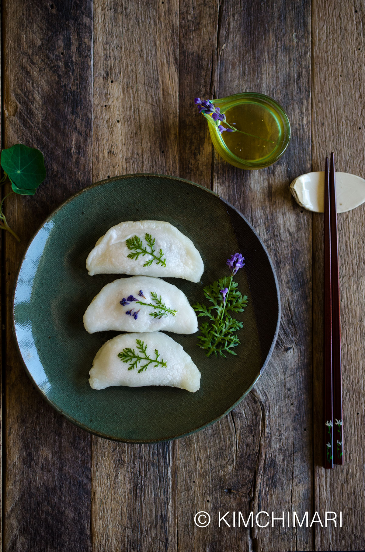Pan-fried Rice Cake Dumplings (Bukkumi) filled with Sweet Red Beans with Fresh Ssukat and Lavender