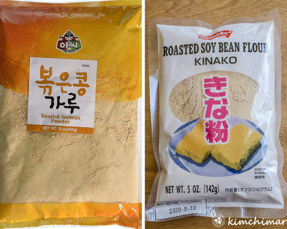 2 different soybean powder packages - Korean one on the left and Japanese one on the right